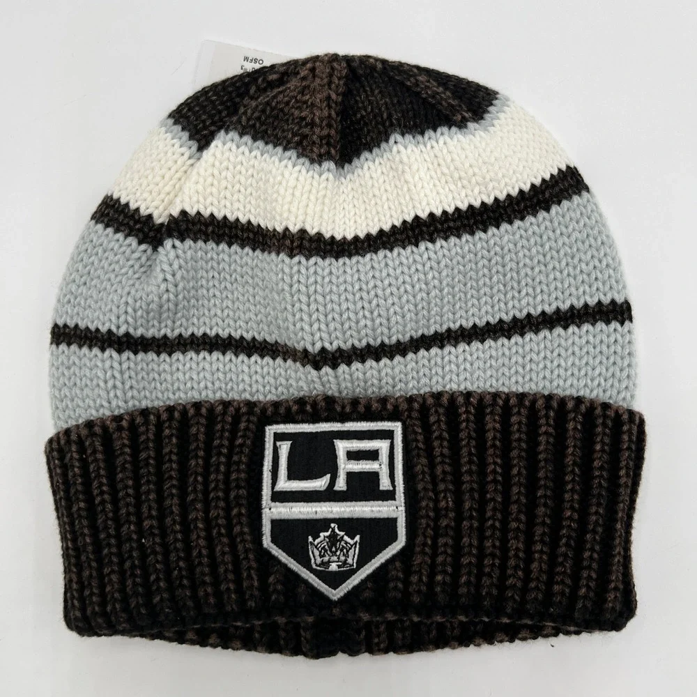Adidas LA Kings NHL Beanie Knit Hat Black White Grey Striped OSFM NEW